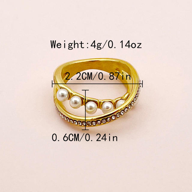 Chic two line pearl bead rhinestone stainless steel rings for women