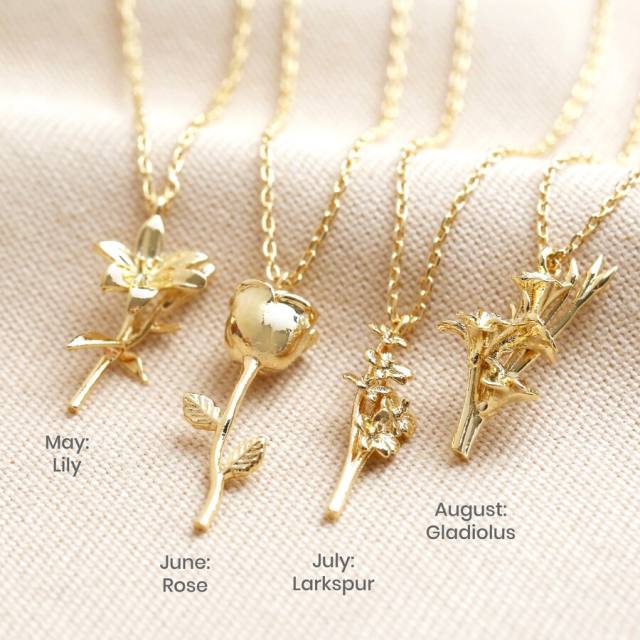 Delicate gold color copper birth flower pendant necklace