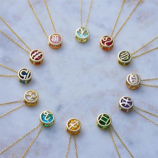 Hollow out colorful zodiac pendant copper dainty necklace