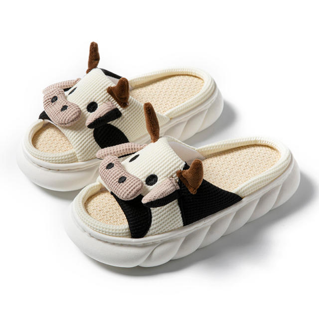 Super soft natural Linen slippers cartoon cow frog slippers