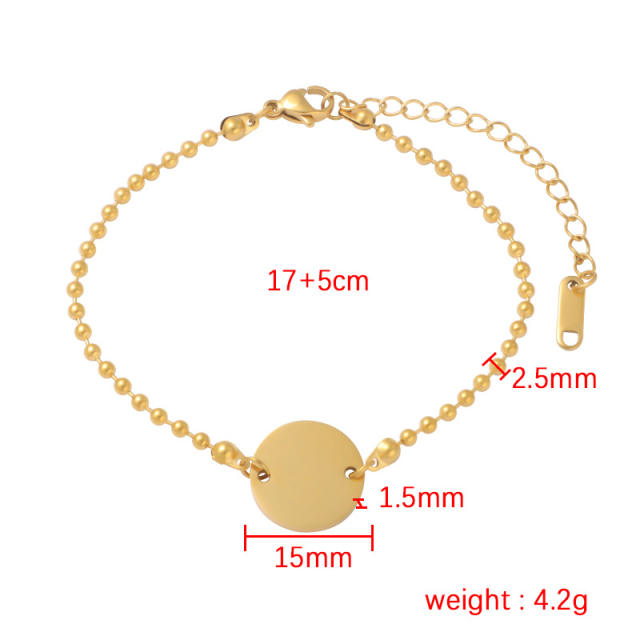 Delicate round piece stainless steel bracelet engrave letter bracelet