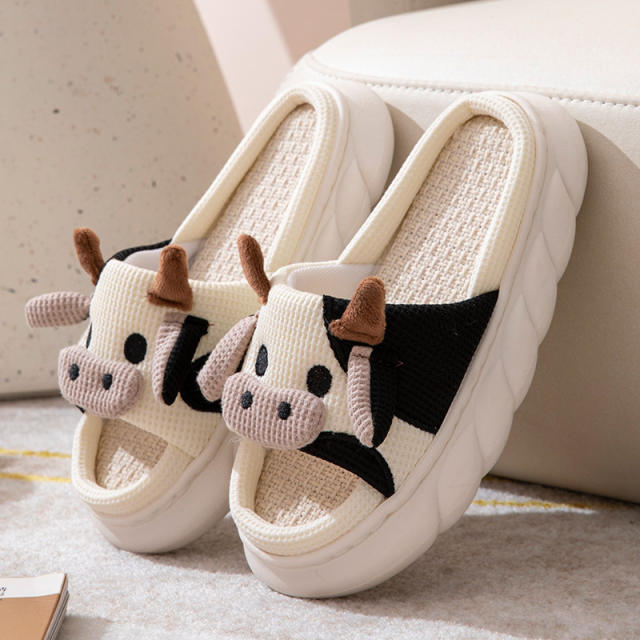 Super soft natural Linen slippers cartoon cow frog slippers