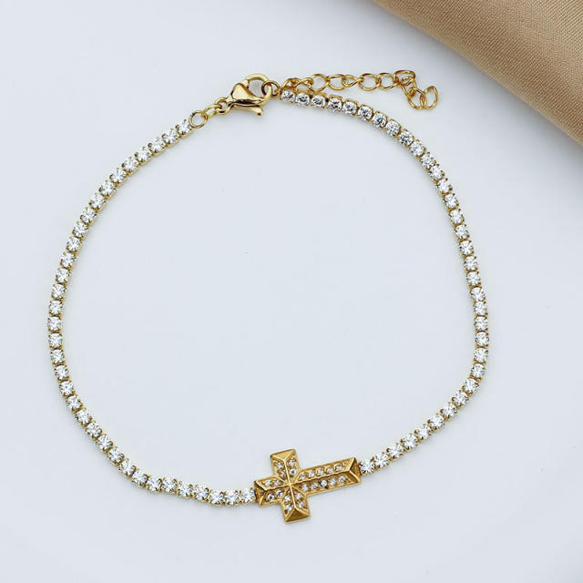 Delicate diamond cross tennis chain bracelet stainless steel bracelet