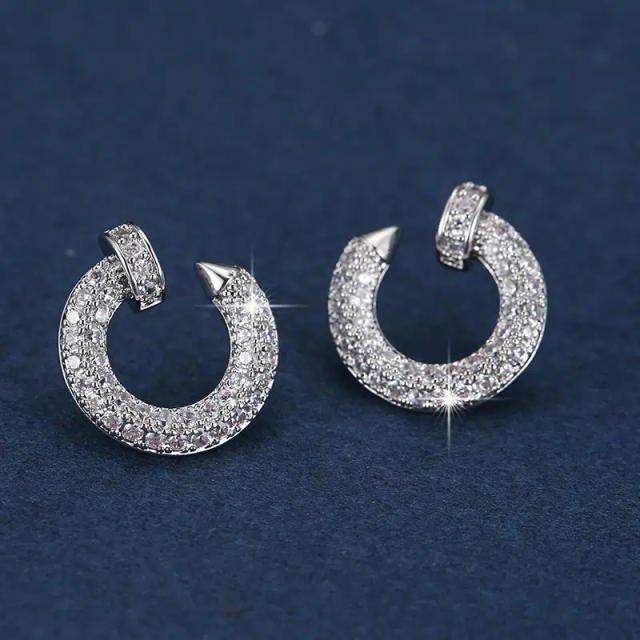 Concise diamond nail circle copper studs earrings