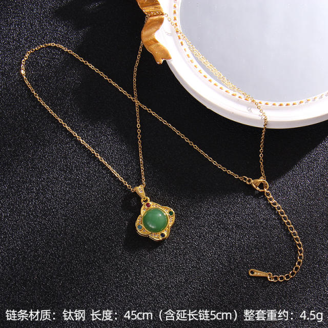 Chinese trend green jade pendant stainless steel chain necklace