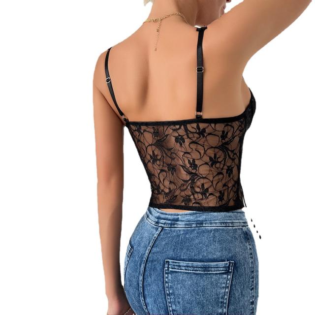 Y2K sexy rose red color black lace corset camis for lady