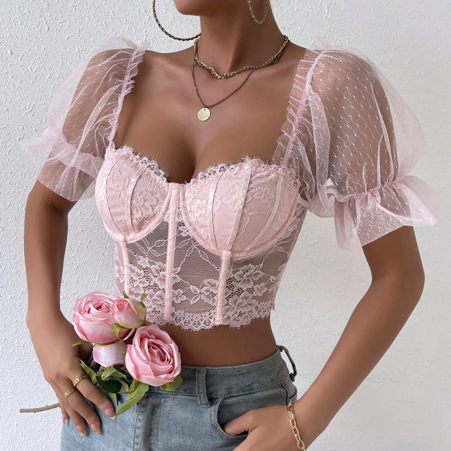 Sexy plain color lace corset cropped tops