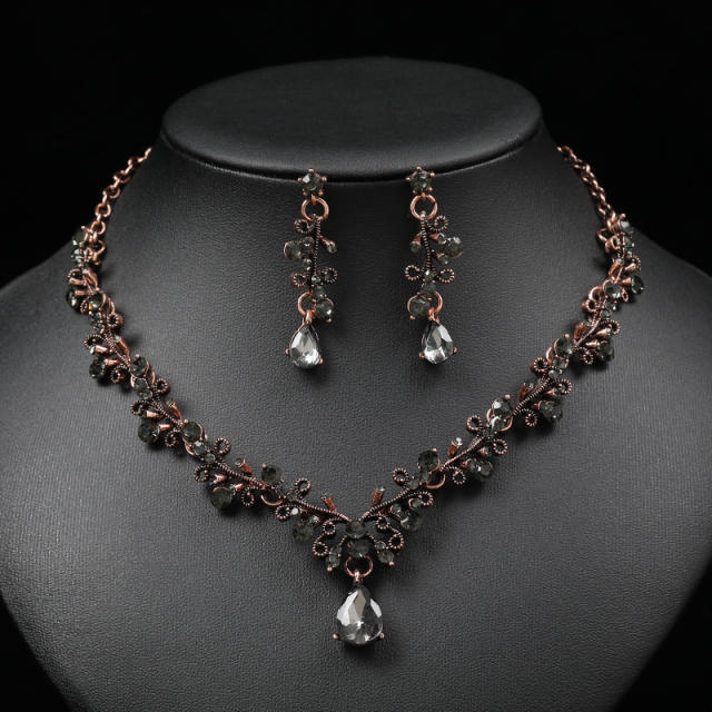 Vintage baroque rose red black color rhinestone necklace set