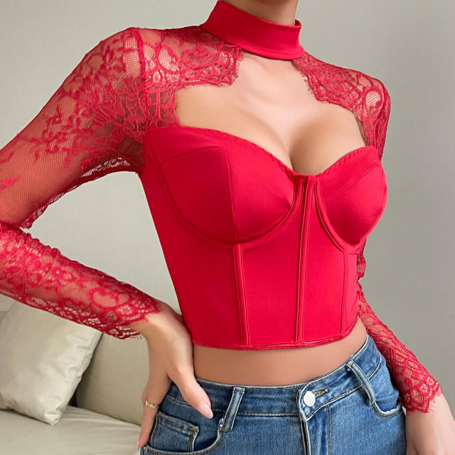 Sexy lace sleeve corset women tops