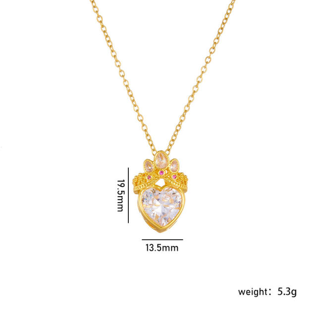 Delicate colorful crown heart pendant stainless steel chain necklace