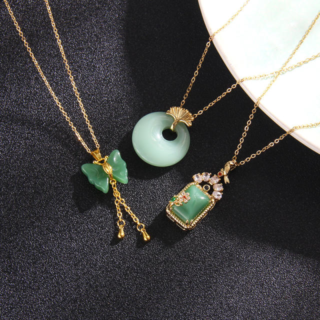 Chinese trend green jade pendant stainless steel chain necklace