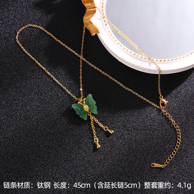 Chinese trend green jade pendant stainless steel chain necklace