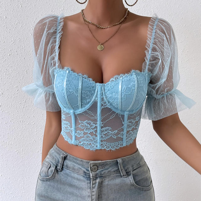 Sexy plain color lace corset cropped tops