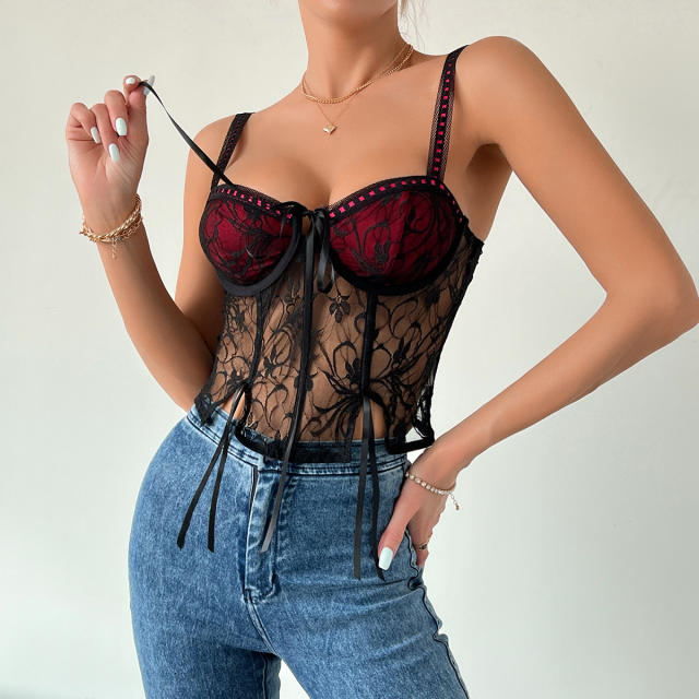 Y2K sexy rose red color black lace corset camis for lady