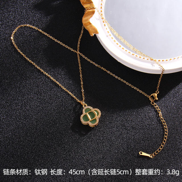 Chinese trend green jade pendant stainless steel chain necklace