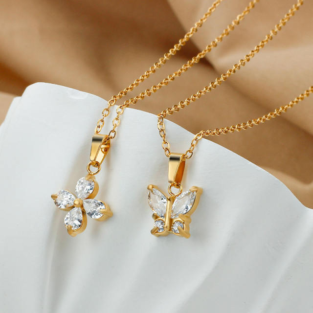 Dainty diamond butterfly flower pendant stainless steel necklace