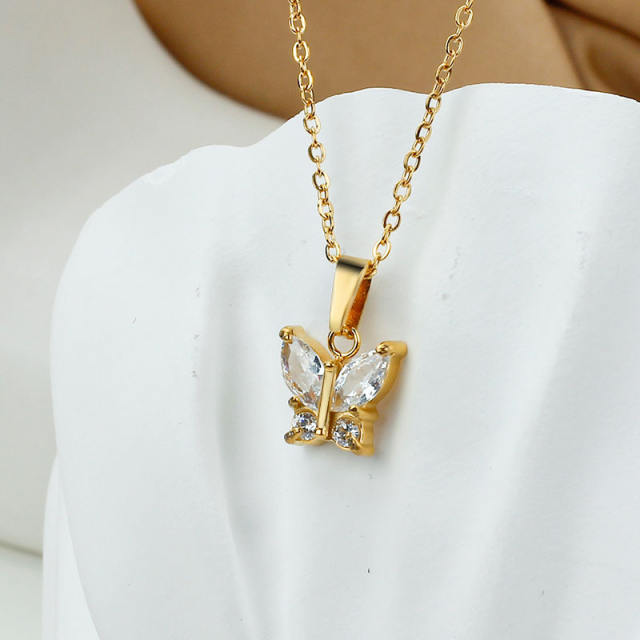 Dainty diamond butterfly flower pendant stainless steel necklace