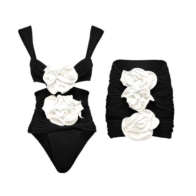 Holiday plain color stereo flower beach bikini swimsuit set