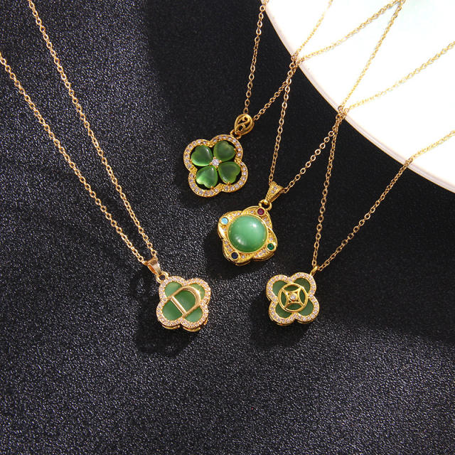 Chinese trend green jade pendant stainless steel chain necklace