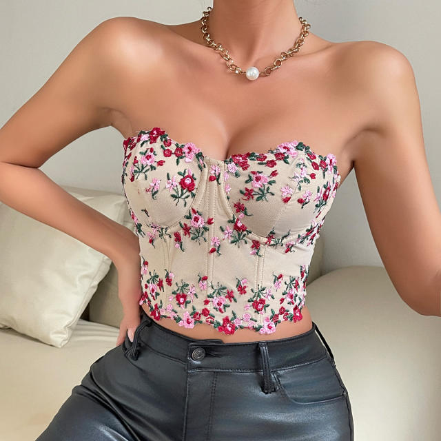Spring summer sexy embroidery flower off shoulder corset tops
