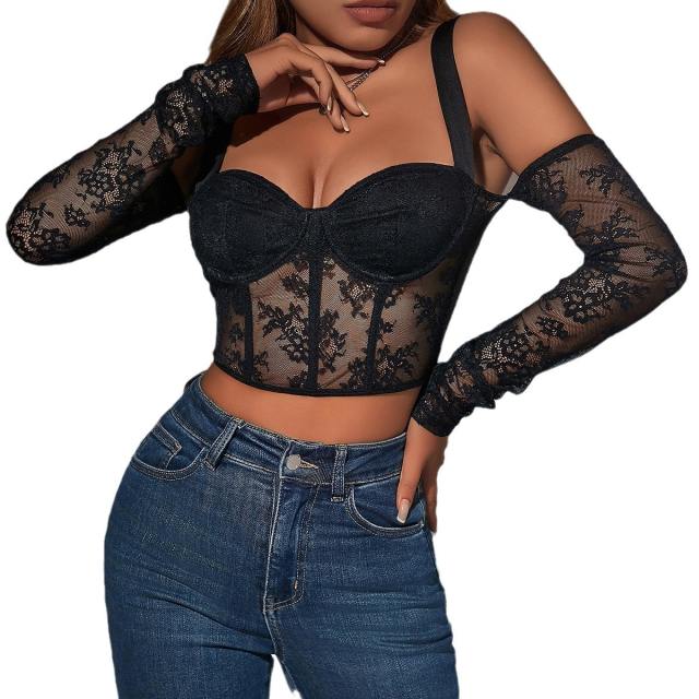 Y2K black lace long sleeve off shoulder corset tops