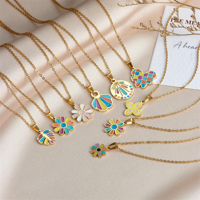 Colorful enamel sunflowr butterfly shell pendant stainless steel necklace dainty necklace