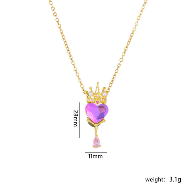 Delicate colorful crown heart pendant stainless steel chain necklace