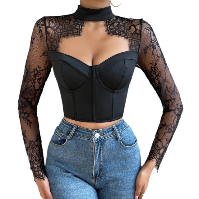 Sexy lace sleeve corset women tops