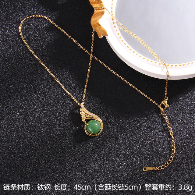 Chinese trend green jade pendant stainless steel chain necklace