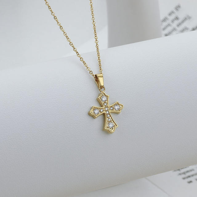 Dainty diamond cross pendant stainless steel necklace