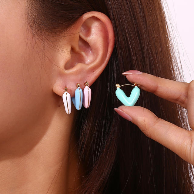 Spring summer Macaron color enamel V shape stainless steel earrings