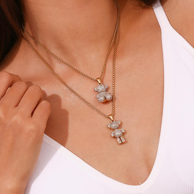 18KG cute diamond bear pendant beaded chain stainless steel necklace
