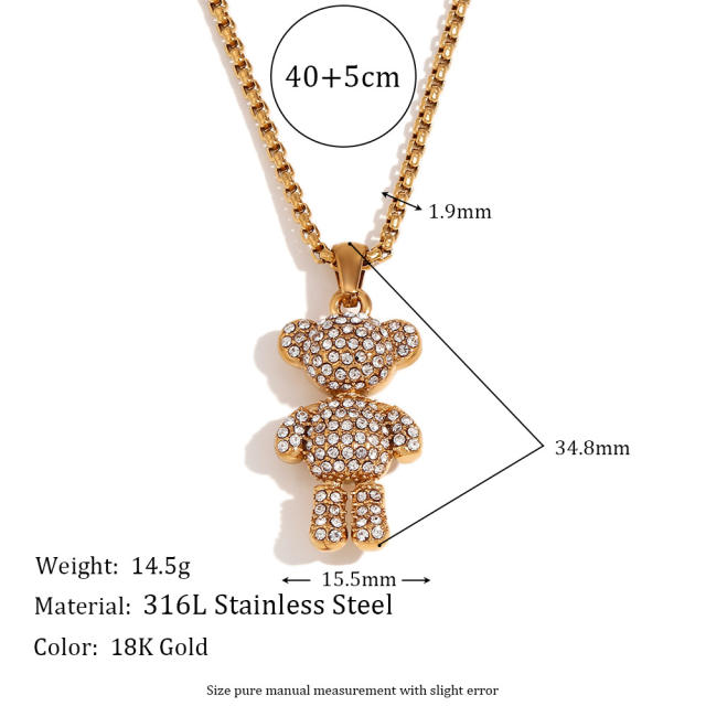 18KG cute diamond bear pendant beaded chain stainless steel necklace