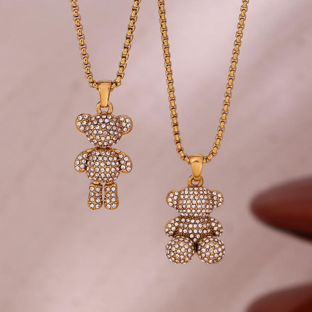 18KG cute diamond bear pendant beaded chain stainless steel necklace