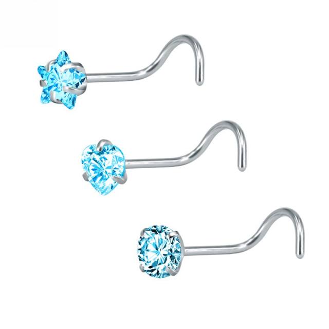 3pcs set hot sale colorful cubic zircon stainless steel piercing nose pin