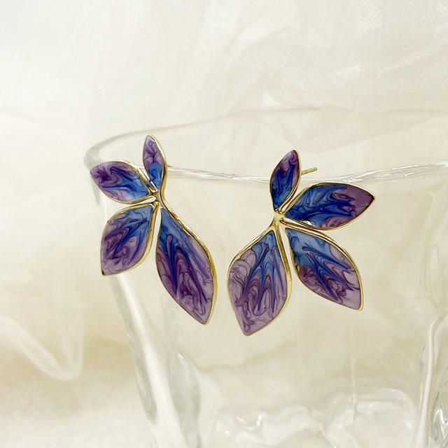 Vintage purple color enamel petal leaf design stainless steel earrings