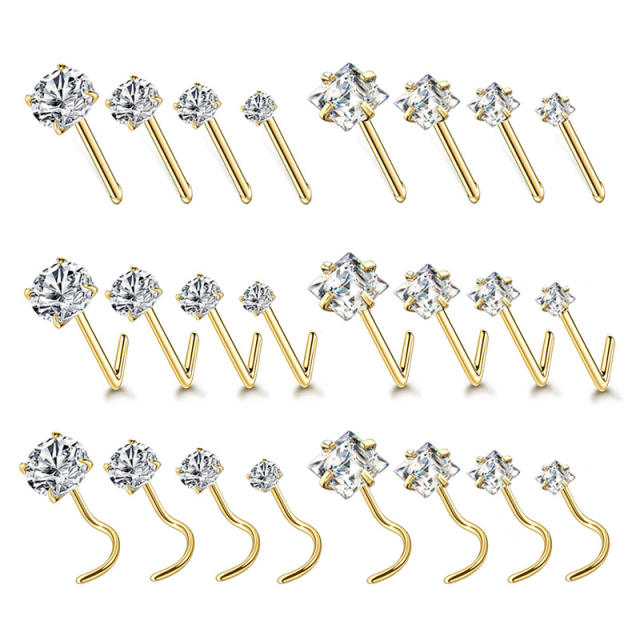 3A cubic zircon gold silver color stainless steel piercing nose pin