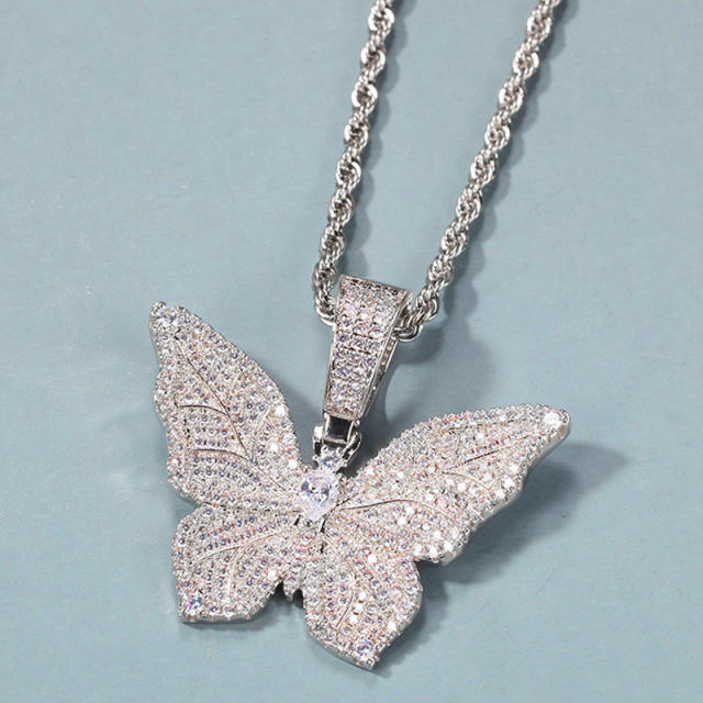 HIPHOP diamond butterfly pendant tennis chain necklace for men