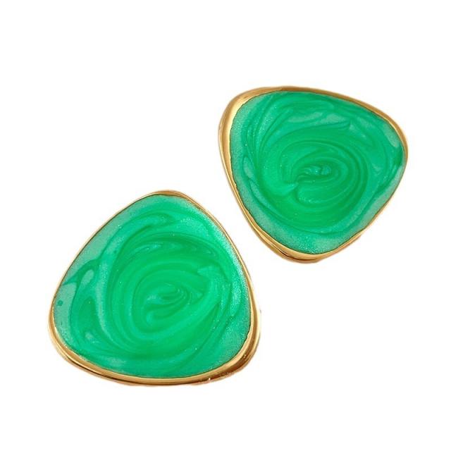 Spring summer green color enamel geometric triangle stainless steel earrings