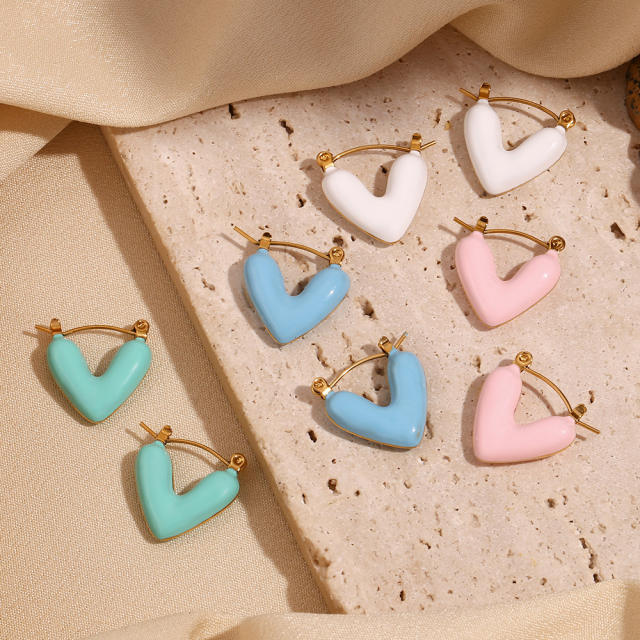 Spring summer Macaron color enamel V shape stainless steel earrings