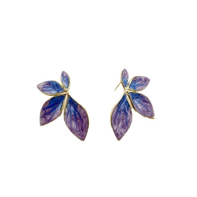 Vintage purple color enamel petal leaf design stainless steel earrings