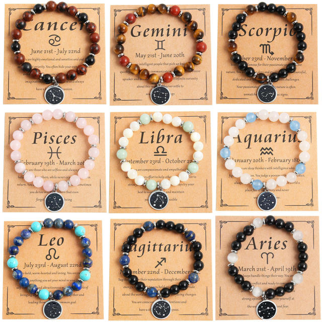 Stainless steel zodiac charm natural stone bead bracelet with cards