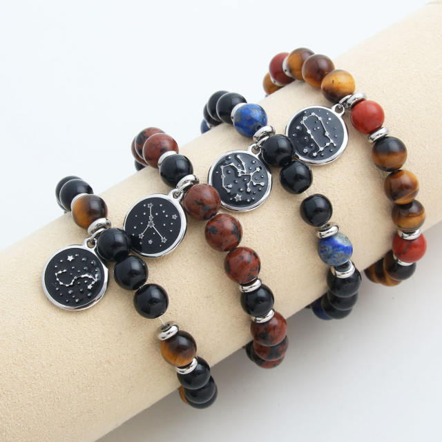 Stainless steel zodiac charm natural stone bead bracelet with cards