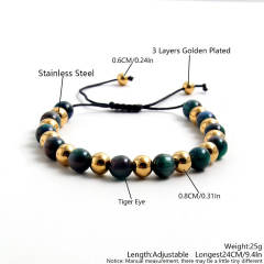 Hiphop black natural stone stainless steel bead bracelet for men