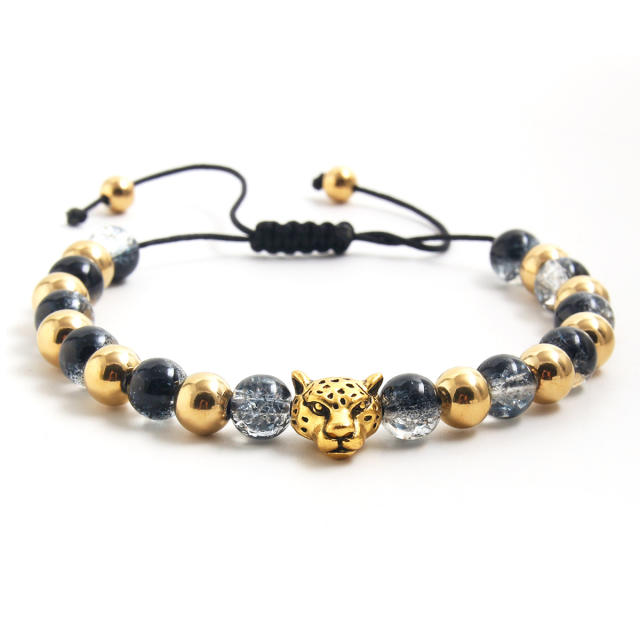 Black color natural stone stainless steel bead heart charm bracelet