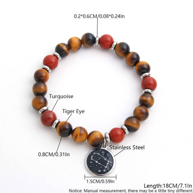Stainless steel zodiac charm natural stone bead bracelet with cards