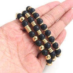 Hiphop black natural stone stainless steel bead bracelet for men