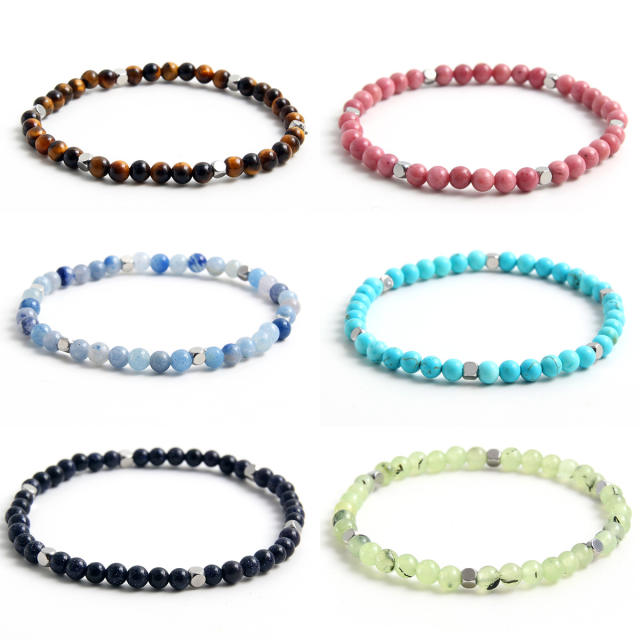 4mm natural stone stainless steel bead elastic bracelet with cards