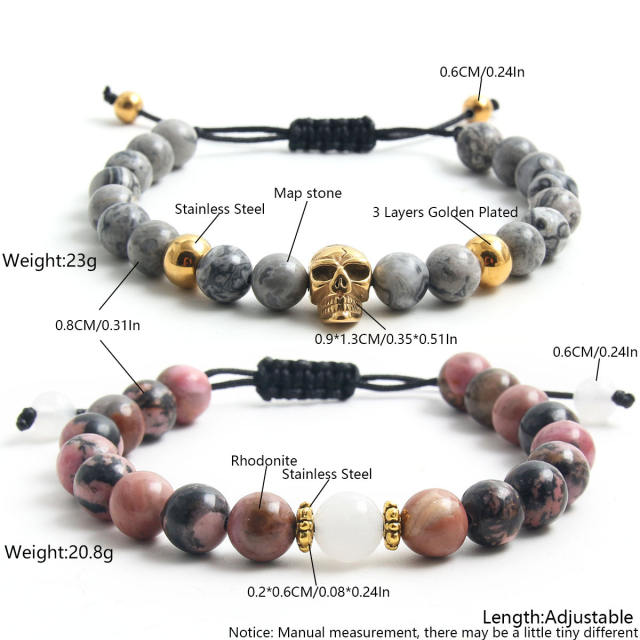 Hiphop stainless steel sku head natural stone bead bracelet