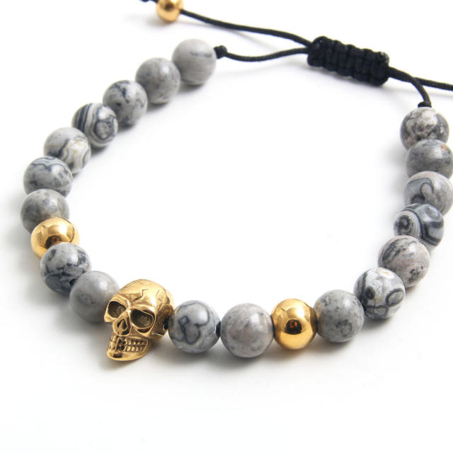 Hiphop stainless steel sku head natural stone bead bracelet